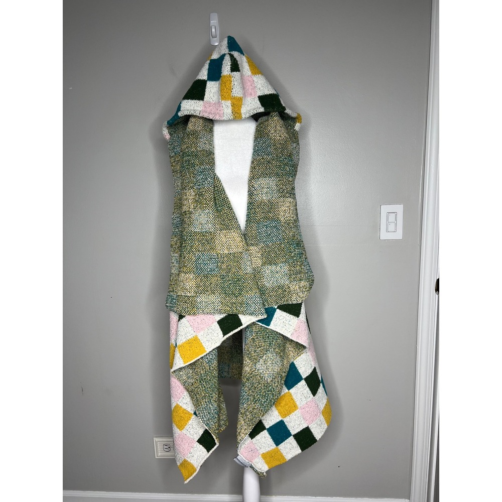 Paper Source Checkerboard Hooded Waterfall Vest Colorful Draped Open Front Artsy